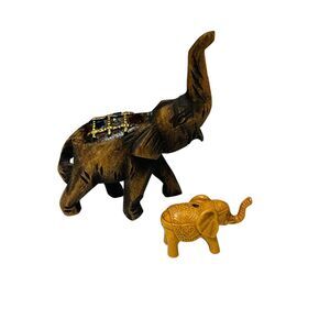 Vintage Carved Wood Elephant Figurine 3.5 Inch and TinyTrunk Up Incense Holder